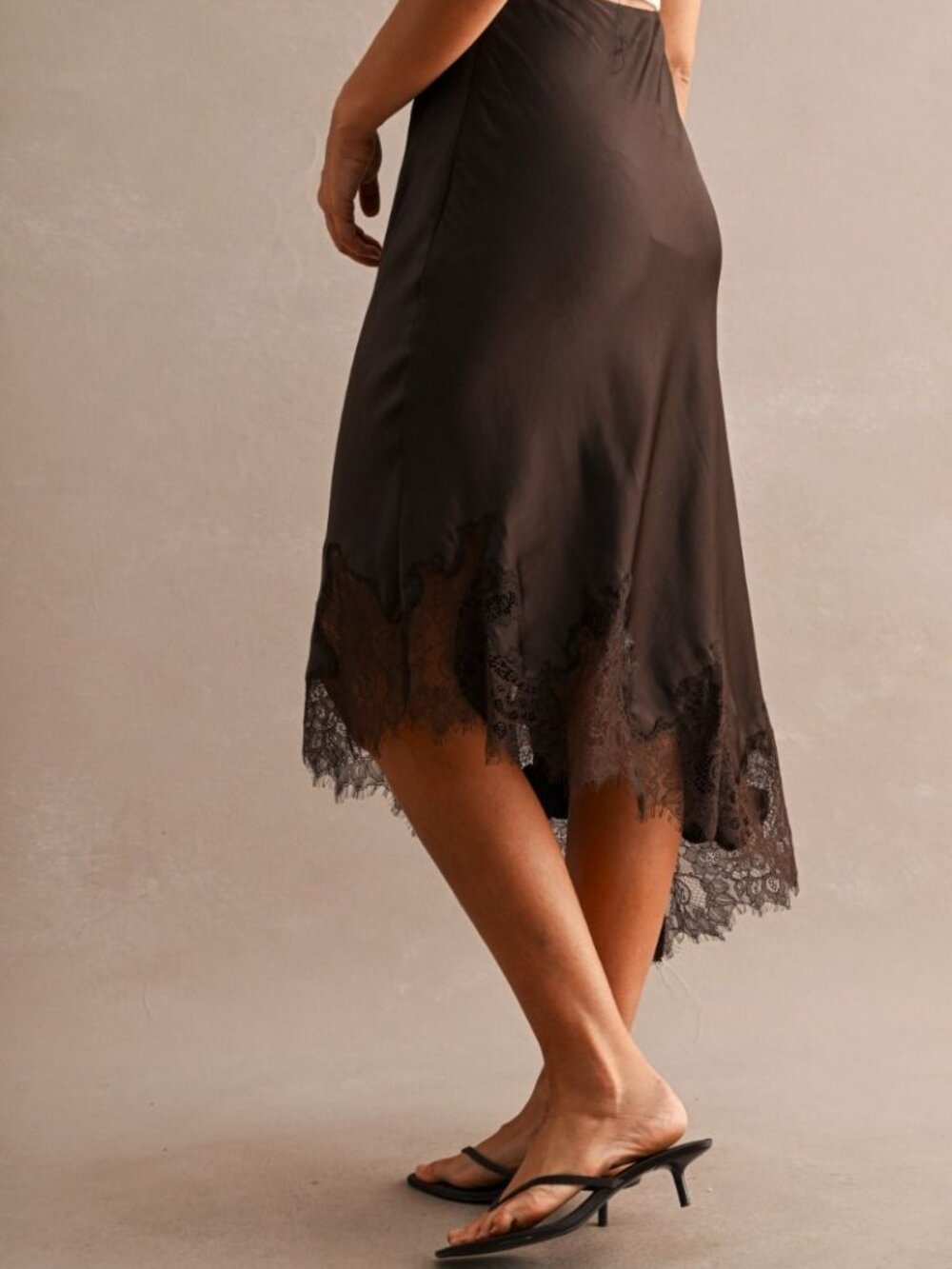10/24 DROP! NWT Brown Lace Satin Trim Hem Fall Skirt SML Asymmetric - Picture 4 of 5